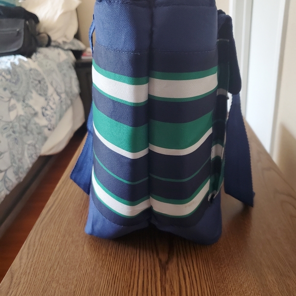 A blue, white, and green striped soft pack igloo. - Picture 3 of 4